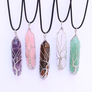 Tree of Life natural stone hexagonal pendants with crystal quartz and black cords