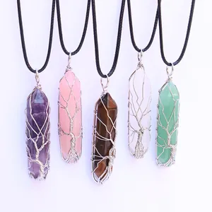 Tree of Life natural crystal hexagonal prism pendants in amethyst and quartz