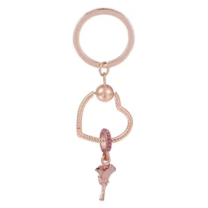 Porte-clés Cœur Fleur de Rose Or Rose Alliage Zircone Pendentif Cœur pour Femmes Charme de Sac Romantique Bijoux Cadeau