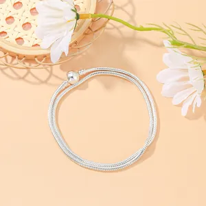 Bracelet double chaîne serpent argenté avec fermoir boule poli pour charms