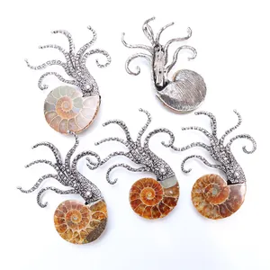 Natural ammonite fossil octopus pendant brooch in vintage silver-plated alloy finish