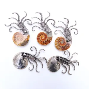 Five octopus shell pins with natural fossil snails and silver vintage metal textures