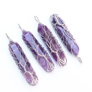 Handcrafted tree of life wire-wrapped amethyst hexagonal crystal pendants in a set of four