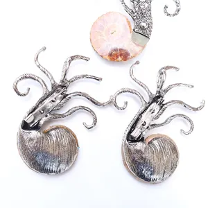 Detailed back view of vintage ammonite snail shell brooch with secure metal pin clasp