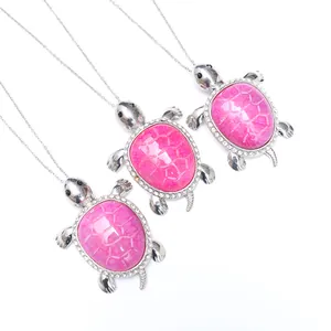 Three cute turtle pendants with pink cracked stone and crystal stones on silver chains