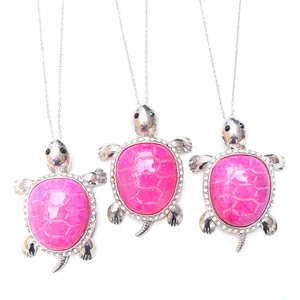 Three cute turtle necklaces with pink cracked agate shell and silver crystal pendants