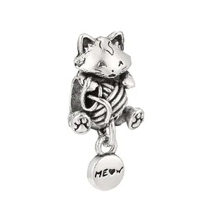 Breloque chat vintage en argent avec pelote de laine et médaille coeur MEOW pour bijoux