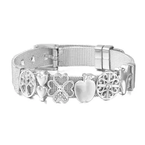 Bracelet en maille d'acier inoxydable argenté avec breloques cœur et pomme