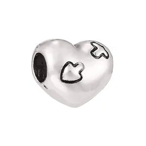 Charm cœur en argent vintage avec motifs gravés et centre creux pour bracelet DIY