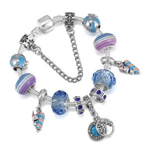 Pulsera de Abalorios de Conejo de Dibujos Animados DIY para Mujer Cadena de Serpiente Plateada con Cuentas Azul Púrpura Joyería