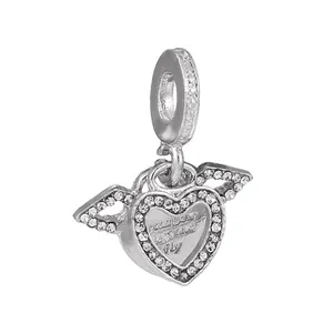 Pendentif cœur avec ailes d'ange en argent et cristaux scintillants pour bracelet DIY