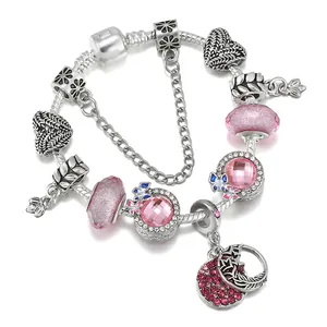 Bracelet Charm DIY en Alliage Plaqué Argent pour Femme Perles en Cristal Rose Rouge Chaîne Serpent Cœur Papillon Plume Bijoux