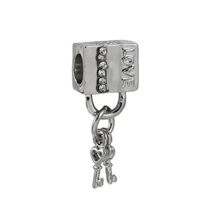 Pendentif cadenas cœur en argent avec clés et cristaux pour bracelets DIY