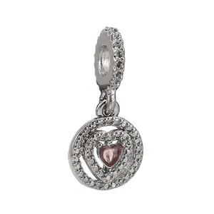 Charm cœur rose scintillant en argent avec micro-pavé pour bracelets personnalisés