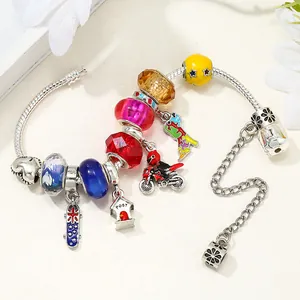 Silver snake chain bracelet with colorful crystal beads, motorcycle and skateboard charms