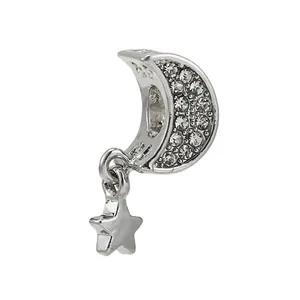 Breloque étoile et lune étincelante en argent avec pierres pavées pour bijoux DIY