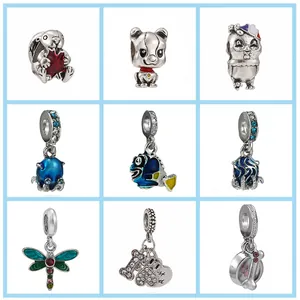 Breloques en Alliage Plaqué Argent Animaux de Dessin Animé Émail Zircone Chien Lapin Poisson Libellule DIY Bracelet Collier Pendentifs