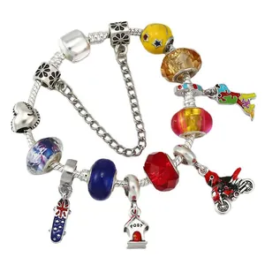 Silver beaded snake chain bracelet with colorful glass charms and motorcycle pendant
