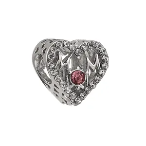 Charm cœur MOM en argent avec gemme rose et cristaux blancs pour bracelets DIY