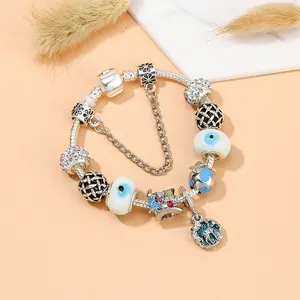Women DIY Charm Bracelet Silver Plated Alloy Blue Camellia Deer Earth Evil Eye Heart Beads Snake Chain Jewelry Gift