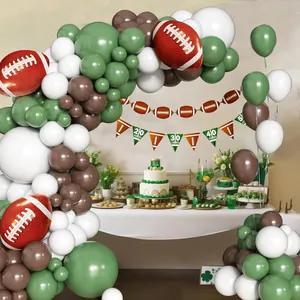 American football balloon arch kit with rugby foil balloons and green sports banner