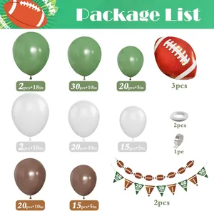 Detailed list showing olive green and brown balloons with rugby foil accents for party decor