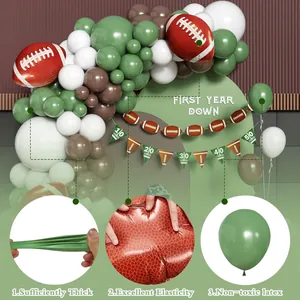 Rugby themed first year down birthday balloon arch set with green and brown latex balloons