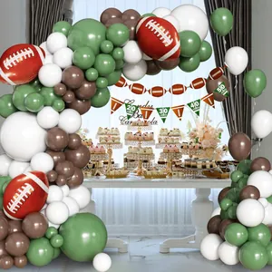 Football theme balloon arch kit with green, white, brown balloons and sports banners