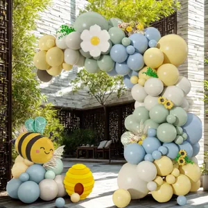 Daisy and bee balloon arch kit with macaron green and yellow latex balloons for party