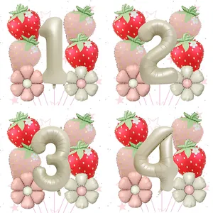 Strawberry Theme Aluminum Film Balloon Set Cartoon Daisy Number Balloon For Kids Birthday Party Celebration Decorations