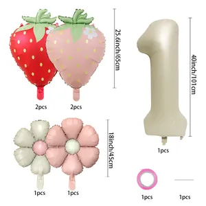 Daisy and strawberry foil balloon set with large number 1 for children birthday party