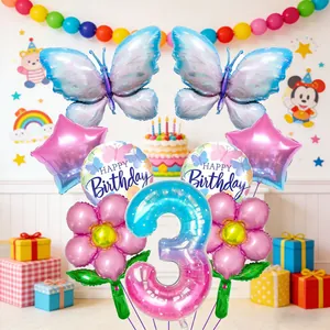 Schmetterling Luftballon Set zum 3. Geburtstag mit Farbverlauf Zahl 3 und Sternen Dekor