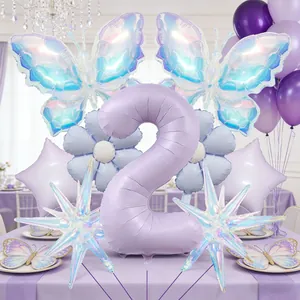 Pastelllila Deko-Set zum 2. Geburtstag mit Laser-Schmetterling und Gänseblümchen