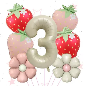 Number 3 strawberry and daisy foil balloon set for children's birthday party decor