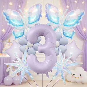 Dritter Geburtstag Ballon Set mit lila Zahl 3 Laser Schmetterling und Gänseblümchen