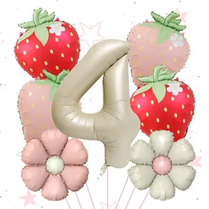 Detail view of strawberry and daisy balloons with a beige number 4 balloon set