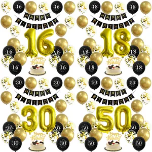Black Gold Birthday Party Decoration Large Number Foil Balloons Happy Birthday Banner Cake Topper 16 18 30 50 Anniversary