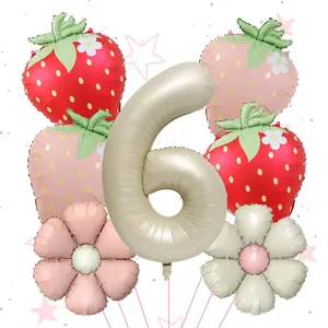 Macro view of 7pcs party balloon set with number 6 strawberry and daisy foil shapes