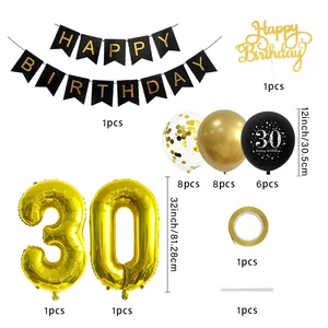 30th Birthday decoration set with black gold balloons and Happy Birthday banner