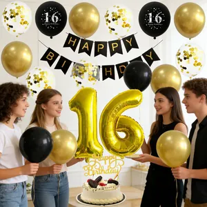 Black and gold 16th birthday party decoration set with balloons and happy birthday banner