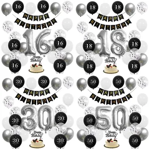 Black Silver Birthday Party Decoration Set Latex Aluminum Balloons Happy Birthday Banner Cake Topper Party Supplies