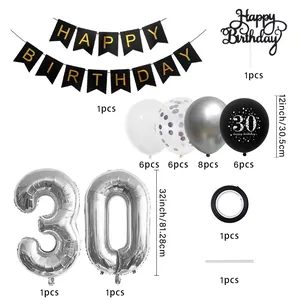 30th birthday party kit with black banner, silver number 30 balloons, and latex balloons