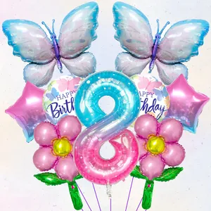 Detail-Set Schmetterlingsballons mit Sternen, Blumen und Farbverlauf-Zahl 8 für Geburtstage