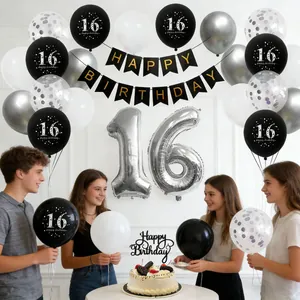 Black and silver 16th birthday party decoration set with balloons and happy birthday banner