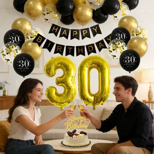 Black and gold 30th birthday party decoration set with balloons and happy birthday banner