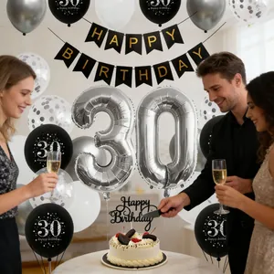 30th birthday party set with black silver balloons, 30 balloons, and birthday banner