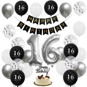 Complete 16th birthday party kit with black silver balloons, banner and number 16 foil balloon