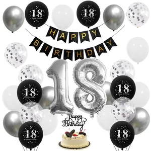 Detailed 18th birthday party decoration set with black silver balloons and banner