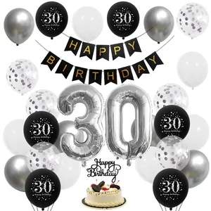 30th birthday party kit with silver number 30 balloons, black banners and cake toppers