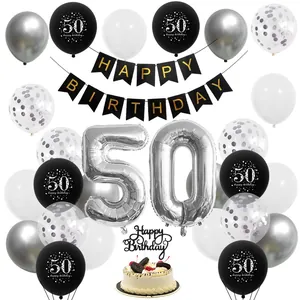 Black and silver 50th birthday party set with balloons, banners and cake topper